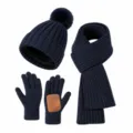 Navy blue winter knit set including fleece lined beanie hat long scarf and gloves - Navy Blue
