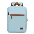 Light blue casual laptop backpack with brown leather accents, large capacity student school bag. - Blue