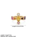 Vintage retro cross multi-color gemstone stainless steel ring with colorful zircon stones. - Size 6 / Gold