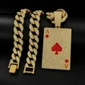 Hip hop gold plated iced out rhinestone playing card ace pendant cuban chain necklace - Gold Pendant with Cuban Chain / 18 Inch