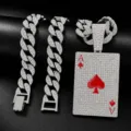 Hip hop rhinestone poker ace card pendant with thick cuban chain necklace for men fashion. - Silver Pendant with Cuban Chain / 18 Inch