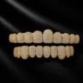 Detailed close up view of luxury iced out cubic zirconia hip hop grillz teeth decor. - Full Teeth Set / Gold