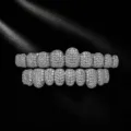 Close-up detail of iced out hip hop grillz featuring micro pave zircon stones on metal base. - Full Teeth Set / Silver