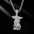 Collier pendentif archange San Miguel style hip-hop avec pierres de zircone cubique pour hommes. - Avec Chaîne Corde / Argent