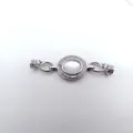 Detailed view of DIY silver necklace clasp with mother of pearl and crystal stones, durable design. - White
