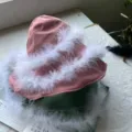 Pink bucket hat with white feather trim stylish fluffy accessory for party festival wear apparel decoration - White