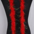 Red feather boa with tinsel shiny strands, fluffy costume accessory for party wear. - Red