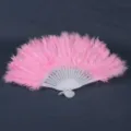 Eventail pliante en plumes roses avec des côtes en plastique creuses pour fête de mariage - Eventail en Plumes Duvet Rose