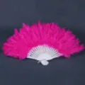 Hot pink feather folding fan with white cutout frame, ideal for wedding party dance props. - Rose Red Fluff Feather Fan