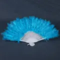 Blue feather folding fan with white plastic ribs for dancing party wedding decorative props. - Lake Blue Fluff Feather Fan