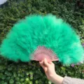Éventail à plumes vert avec baleines roses en plastique creux pour spectacles de danse et podiums. - Vert Herbe