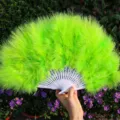 Eventail en plumes vert fluorescent avec cadre creux blanc, idéal pour la danse sur scène. - Vert Fruit