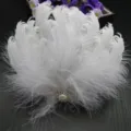 White feather hair clip variant, elegant fluffy feather headwear with pearl rhinestone accent. - Style No. 8 (Curly Fluffy Feathers with Gems)