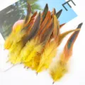 Colorful rooster tail feathers with metal clips, ideal for DIY crafts, jewelry, and party decorations. - Yellow (Approx. 100 Pcs)