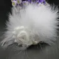 White feather hair clip with fabric flower and pearl accent, perfect for dance and party wear. - Style No. 11 (Fluffy Large Flower with Gems)