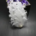 White feather hair clip with pearl and rhinestones for dancing performance and parties. - Style 20 (6 Curls + 3 Small Rhinestones + Gems)