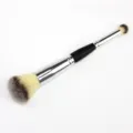 Dual ended makeup brush detail shot showing fluffy blush brush and precise contour tip bristles. - Silver Double-Ended Blush Eyeshadow Brush