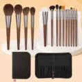 14-delige professionele make-up kwastenset met lederen etui, hoogwaardige houten handvatten. - Set met Vierkante Ritszak