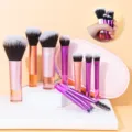 10 pcs mini makeup brush set with travel case portable cosmetic tools for daily makeup use. - Multicolor Handle 10 Pieces Mini Brushes with Pink Purple Pouch / Multicolor