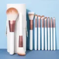 10-piece makeup brush set with white handle and rose gold ferrule in storage case - 10 Pcs White Rod Brown Bristles with Cylinder Box