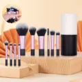 Mini makeup brush set with 10 pieces, pink handles, and portable storage holder for travel. - Black Plastic Handle 10 Pieces Mini Brushes with Black White Cylinder / Black