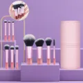 Mini Make-up-Pinsel-Set mit 10 Stück, rosa tragbarem Etui und schönen Kristallgriffen. - Rosa Griff 10 Stück Mini-Pinsel mit Rosa Zylinder