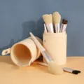 Morandi makeup brush set with PU leather cylinder holder soft synthetic hair cosmetic tools. - 12 Pieces With Apricot Case / Apricot