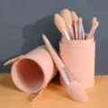 Pink makeup brush set with cute PU leather holder, professional cosmetic tools for daily use. - With Pink Bucket