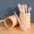 Pink PU Leather Cylinder Holder Makeup Brush Set Portable Cosmetic Tool Variant Model - With Apricot Bucket