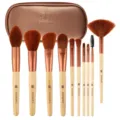10-piece makeup brush set with bronze bamboo handles and matching portable storage bag. - 10 Brushes With Bag Collection