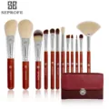 Detailed view of the 12-piece professional makeup brush set with soft bristles and wooden handles. - 12-Piece Set - Brownish Red (With PU Bag)