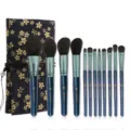 12-Piece Makeup Brush Set with Cherry Blossom Pouch Blue Glitter Handle Professional Cosmetic - Orchid Bag - Starry Blue Handle / 12 Pieces / Blue