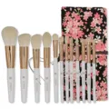 12-piece makeup brush set with portable sakura storage pouch, soft synthetic powder and eye brushes. - Pink Flower Bag - White Lacquer Handle / 12 Pieces / Pink
