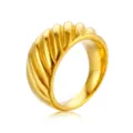 French vintage stainless steel diagonal ribbed wide ring, chic gold chunky statement band. - Size 6 / Gold