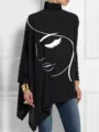 Elegante top negro de cuello alto con estampado abstracto de rostro femenino en línea - S / Parte Superior (Estampado Facial de Líneas Abstractas Negras-Y53066)
