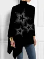 Camiseta negra de cuello alto para mujer, manga larga, dobladillo asimétrico y estrella - S / Parte Superior (Estampado de Estrella de Cinco Puntas de Puntos Densos Negros-Y53067)