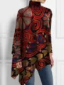 Camiseta vintage de cuello alto y manga larga asimétrica para mujer con estampado floral - S / Top (Estampado floral abstracto vintage-Y53087) / Multicolor
