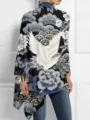 Camiseta de manga larga con cuello alto para mujer y estampado 3D de grulla oriental y flores - S / Parte Superior (Estilo de Estampado Abstracto Oriental-Y53093) / Azul marino
