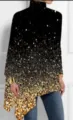 Top holgado y asimétrico de cuello alto para mujer con estampado de brillo negro y dorado - S / Tops / Degradado de purpurina negra y dorada(WY2801746)