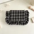 Retro black and white plaid makeup bag with cute ruffles, large capacity cosmetic pouch. - 22*17CM / Black Gray Plaid