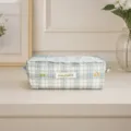 Detailed view of the sweet blue plaid pencil case featuring delicate white lace and cute embroidery. - Blue Plaid Small Cherry Pencil Case