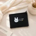 Black denim zipper pouch detail, cute rabbit embroidery, convenient portable coin purse. - Dark Blue