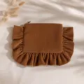 Brown corduroy cosmetic bag detail, soft ruffle edge design, portable makeup storage pouch. - Brown