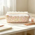 Vue détaillée de la trousse à crayons style coréen à fleurs et dentelle, mignon sac de papeterie. - 19x6x7cm / Rose Clair Petite Fleur
