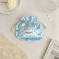 Chic blue satin polka dot drawstring pouch with ruffled edges for jewelry makeup storage. - 15.5*17cm / Blue