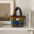 Sac à main peluche automne hiver rétro style ethnique mini sac cabas fourre-tout portable - Grille Colorée