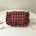 Retro plaid ruffled cosmetic bag, chic women's clutch and portable makeup storage pouch. - 22*17CM / Wine Red Plaid