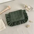 Green plaid ruffled cosmetic bag, stylish women clutch and large travel storage pouch. - 22*17CM / Green Plaid