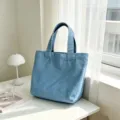 Simple denim tote bag casual handbag mini canvas bag for daily commute and lunch storage - Light Blue Denim