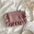 Corduroy ruffle makeup bag detail, cute aesthetic cosmetic pouch with zipper closure. - Flesh Pink